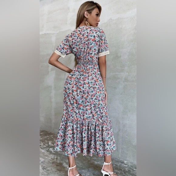 ZARA Boho Blue Red Floral Print V-Neck Lace Midi Dress size extra small - Picture 3 of 13